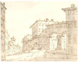 Partie de rue italienne avec église à gauche et portail à droite