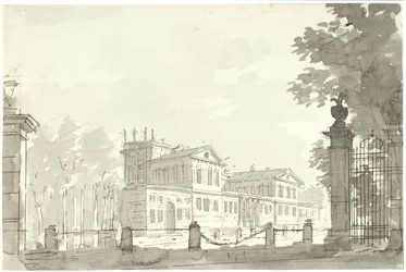 Palais dans un parc clôturé, à droite une grille