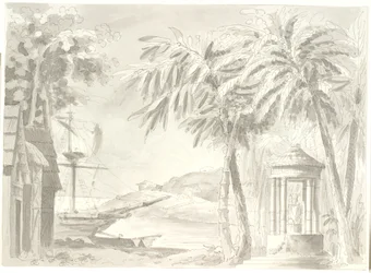 Paysage côtier tropical avec palmiers, navire et petit temple (Bouddha?)