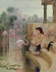 Une fille avec des flamants roses
