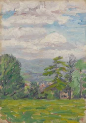 Vue à travers une prairie et un arbre avec une vallée au-delà