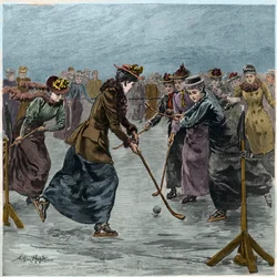 Hockey sur glace : un match féminin sur le lac de Wimbledon Park. (coloration ultérieure)