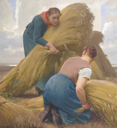 Femmes liant des gerbes