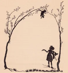 Un renard attaché par ses pattes à deux noisetiers. Illustration par Arthur Rackham du conte de Grimm, Le Merveilleux Musicien.