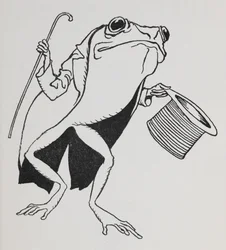 Une grenouille portant un haut-de-forme et un habit, avec une canne.