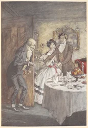 Un jeune homme et une femme accueillant Scrooge pour un repas dans leur salle à manger