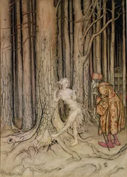 Enfin elle rencontra le marié qui revenait lentement, illustration pour Fitchers Bird, de Little Brother, Little Sister, par les frères Grimm, 1917