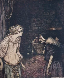 Enfin, elle atteignit la cave, et là elle trouva une vieille, vieille femme avec une tête tremblante.., des Contes de Fées des Frères Grimm