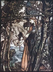 Brünnhilde mène son cheval par la bride. Illustration pour L