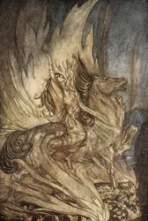 Brunnhilde sur Grane saute sur le bûcher funéraire de Siegfried, illustration de 