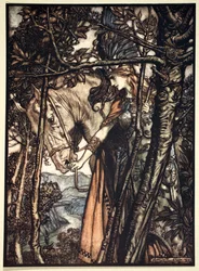Brunnhilde conduit lentement et silencieusement son cheval sur le chemin de la grotte, 1910