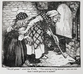 Gretel et la vieille sorcière près du four tirée de Hansel et Gretel