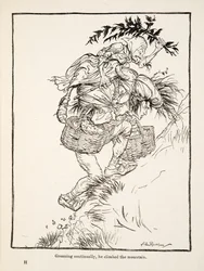 Gémissant continuellement, il gravit la montagne, de Petit Frère & Petite Sœur et autres contes par les frères Grimm, pub.1917 (litho)