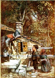 Hansel et Gretel et la sorcière sur le seuil de son chalet