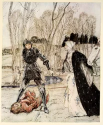 Comment Beaumains a vaincu le Chevalier Rouge et toujours la demoiselle lui a dit beaucoup de mots grossiers, illustration de 