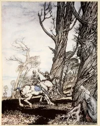 Comment Sir Launcelot tua le chevalier Sir Peris de Forest Savage qui opprimait les dames, demoiselles et femmes de qualité, illustration de 