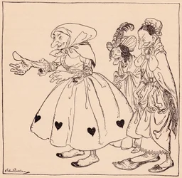 Les trois femmes sont entrées habillées de la manière la plus étrange. Illustration de Arthur Rackham du conte de fées de Grimm, Les Trois Fileuses.