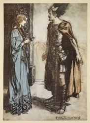 Siegfried rend la corne à boire à Gutrune et la regarde avec une passion soudaine, illustration de 