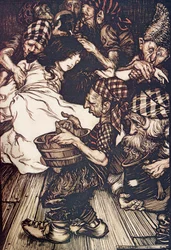 Les nains, en rentrant le soir, trouvèrent Blanche-Neige allongée sur le sol, des Contes de fées des frères Grimm, pub. 1909
