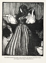 La jeune fille alla chercher la baguette magique, puis elle prit la tête de sa demi-sœur et en fit tomber trois gouttes de sang, des Contes des frères Grimm, publié en 1909