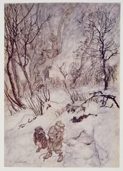 Le Rat réfléchit un moment et examina les bosses et les pentes qui les entouraient, de Wind in the Willows par Kenneth Grahame (1859 - 1932), pub. 1940
