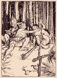 Le géant donna une gifle à celui qui était assis à côté de lui. Illustration par Arthur Rackham du Conte de Grimm, Le Chasseur Habile.