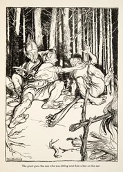 Le géant donna une gifle à celui qui était assis à côté de lui, de Petit Frère & Petite Sœur et autres contes par les frères Grimm, pub.1917 (litho)