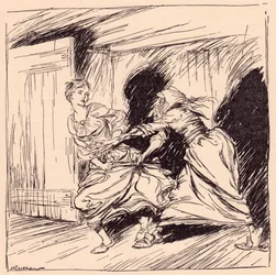 La vieille femme la saisit par la robe et essaya de la retenir. Illustration par Arthur Rackham du conte de fées de Grimm, L