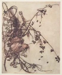 Plus il jouait vite, plus elle devait sauter haut, des Contes de fées des frères Grimm, pub. 1909