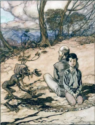 Le fils traça un cercle, son père et lui y prirent place, et le petit homme noir apparut, illustration du Roi de la montagne d