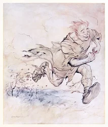 Le martèlement de ses grosses bottes devenait aussi continu que le crépitement des grêlons sur un toit, et le vent de son passage abattait des arbres de Le Carl du manteau drap dans Contes de fées irlandais