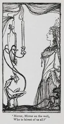 La méchante reine se regardant dans le miroir de Blanche-Neige