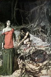 La cour de Grimhilde, la mère de Hagen. Illustration pour Siegfried et Le Crépuscule des Dieux