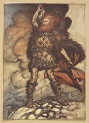 Thor lève son marteau.