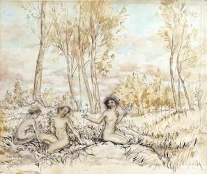 Trois nymphes des bois cueillant des fleurs