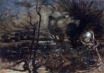 Deux personnages échouent à se noyer dans le marais, Puck les aide avec un feu. Illustration par Arthur RACKHAM pour Le Songe d