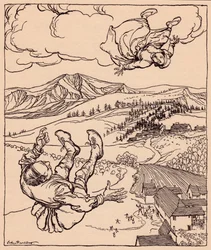 Quand son mari la vit, il cria : Hé ! viens ici. Illustration de Arthur Rackham du conte de fées de Grimm, Le Jeune Géant.