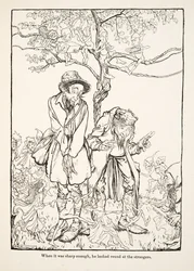 Quand il fut assez aiguisé, il regarda autour de lui les étrangers, de Petit Frère & Petite Sœur et autres contes par les frères Grimm, pub.1917 (litho)