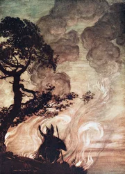 Wotan se retourne et regarde tristement Brünnhilde. Illustration pour L