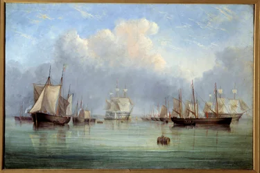 Navires de mer et voiliers amarrés. Peinture d