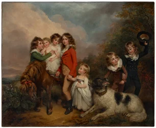 Portrait des enfants de Benjamin Goldsmid, avec un poney et un chien dans un paysage