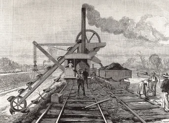 Construction du canal de Panama. Travaux de dragage dans le village de Culebra. Dessin original de Meltor Prior. Image publiée dans "The Illustrated London News". Gravure.
