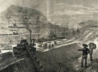 Construction du canal de Panama. Travaux de dragage dans le village de Culebra. Dessin original de Meltor Prior. Image publiée dans « The Illustrated London News ». Gravure.