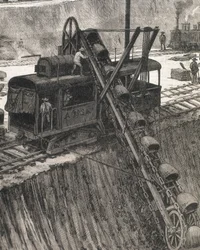 Construction du canal de Panama. Travaux de dragage dans le village de Culebra. Dessin original de Meltor Prior. Image publiée dans « The Illustrated London News ». Gravure.