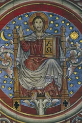 ALLEMAGNE. BASSE-SAXE. Hildesheim. Église de Saint-Michel. Christ en majesté, détail du plafond en bois (13ème siècle). Art roman