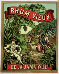 Étiquette de rhum jamaïcain. Des travailleurs noirs coupant la canne à sucre sont observés par un homme blanc.