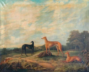 Paysage, quatre lévriers au premier plan (huile sur toile)
