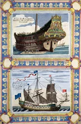 Navires marchands appartenant à la Compagnie néerlandaise des Indes orientales (gravure en couleurs)