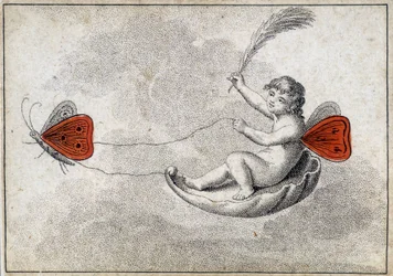 Ancienne carte à jouer : le deux de coeur - Enfant conduisant un char volant. Musée de la Carte à Jouir, Issy-les-Moulineaux.