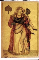 Old playing cards: erotic scene. Musée de la Carte à Plouer, Issy-les-Moulineaux.